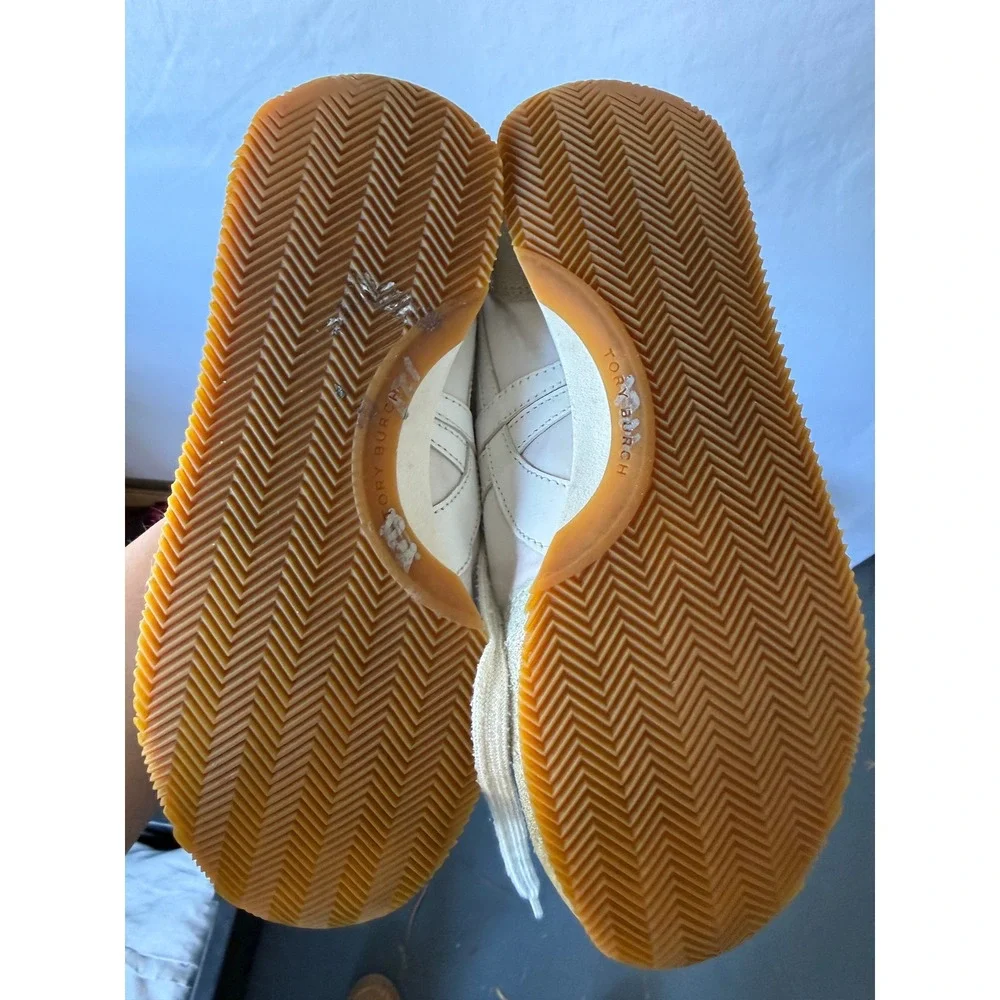 Tory Burch Tory Sneaker White‎ Sage Green Suede Nylon Low Top Trainers Gum Sole